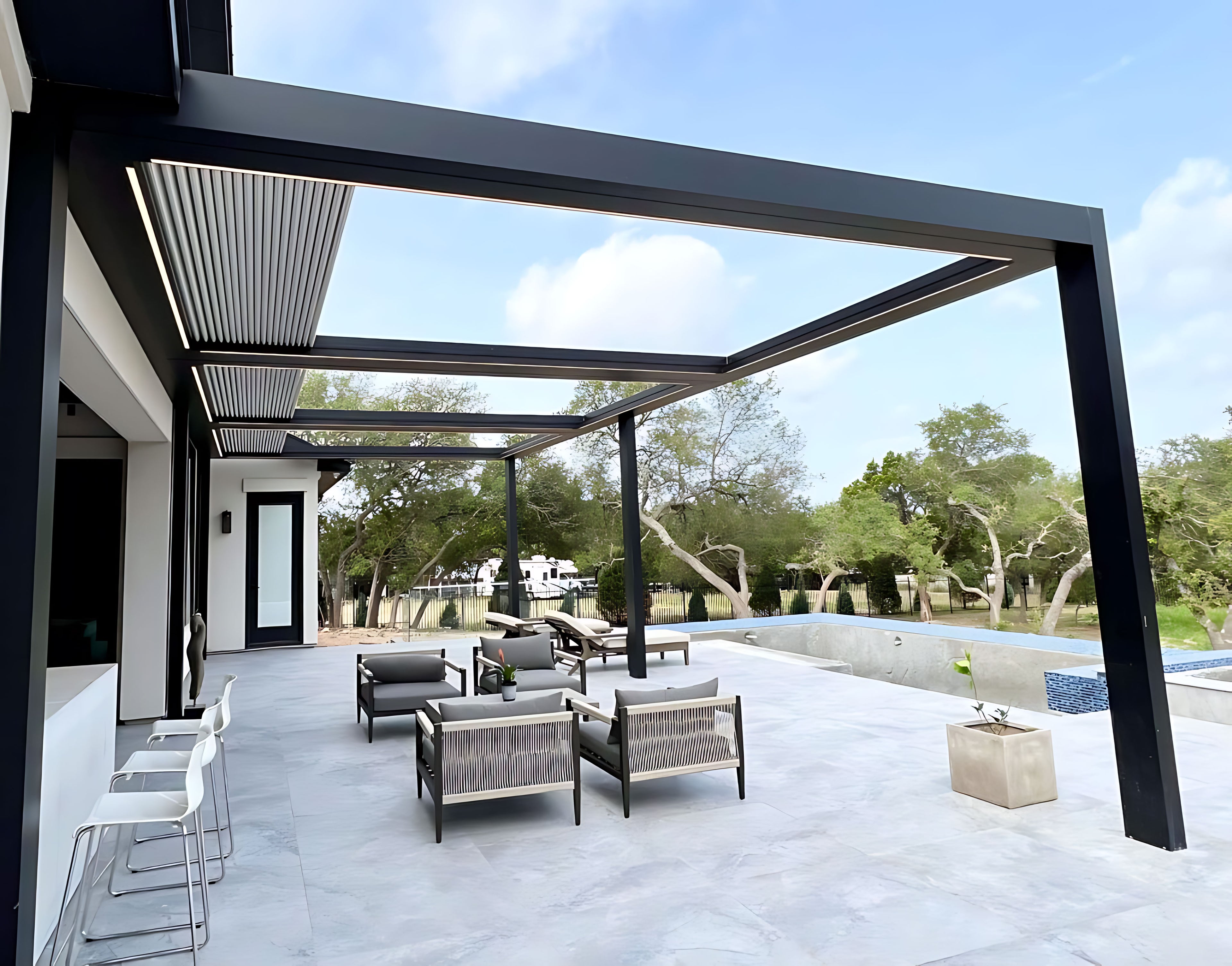 [Motorized Retractable] Patio Backyard Automatic Outdoor Kitchen Aluminum Louvered Pergola With LED