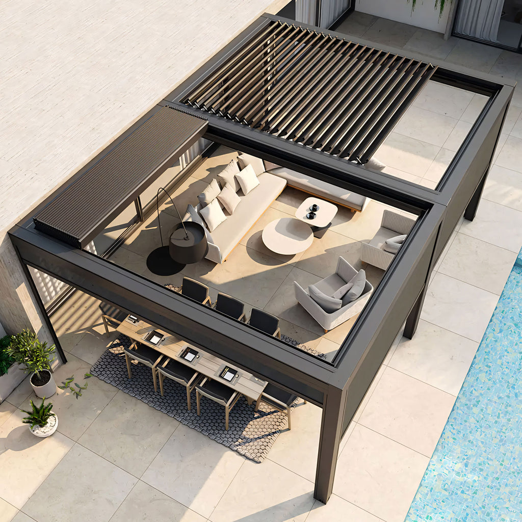 [Motorized Retractable] Patio Backyard Automatic Outdoor Kitchen Aluminum Louvered Pergola With LED