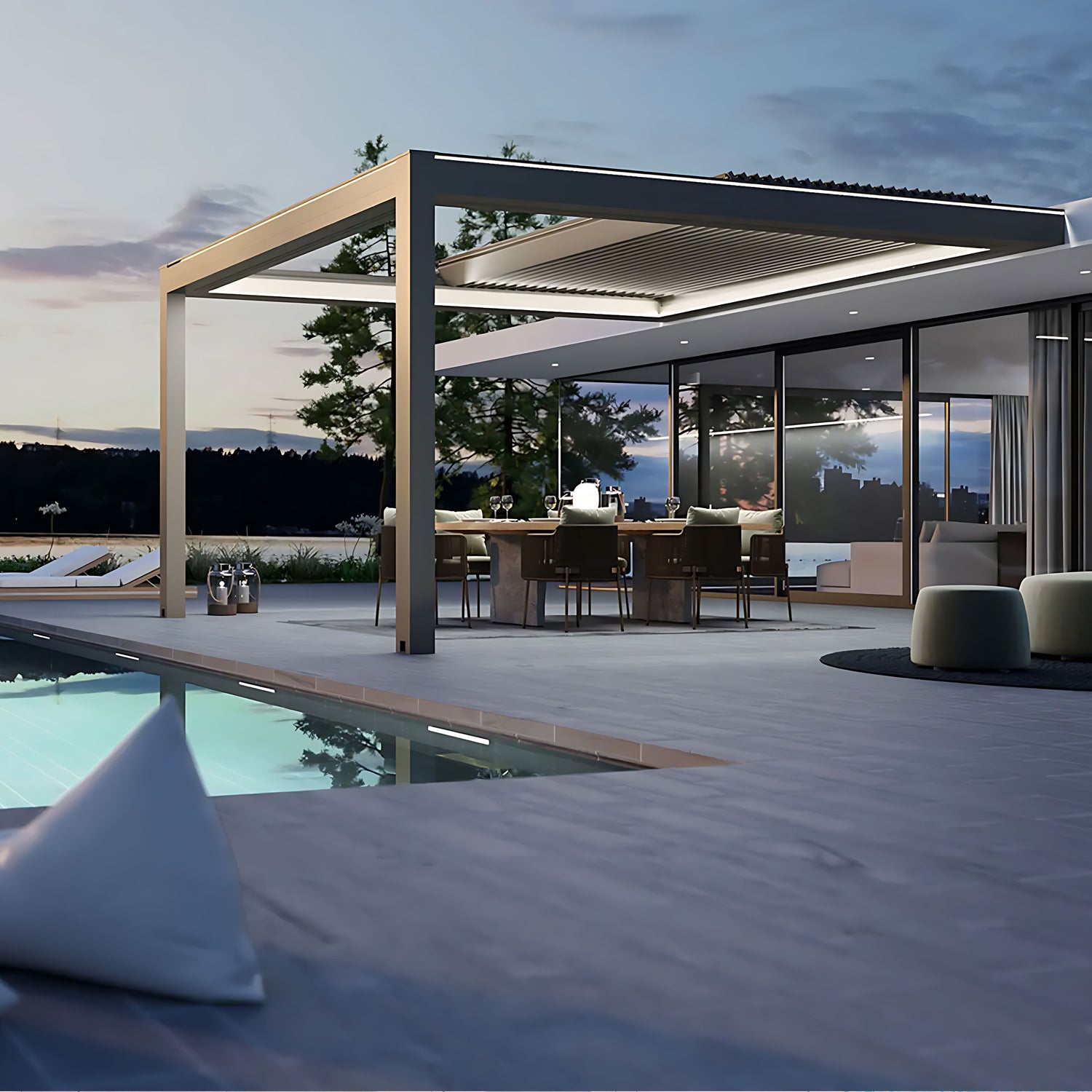 [Motorized Retractable] Patio Backyard Automatic Outdoor Kitchen Aluminum Louvered Pergola With LED