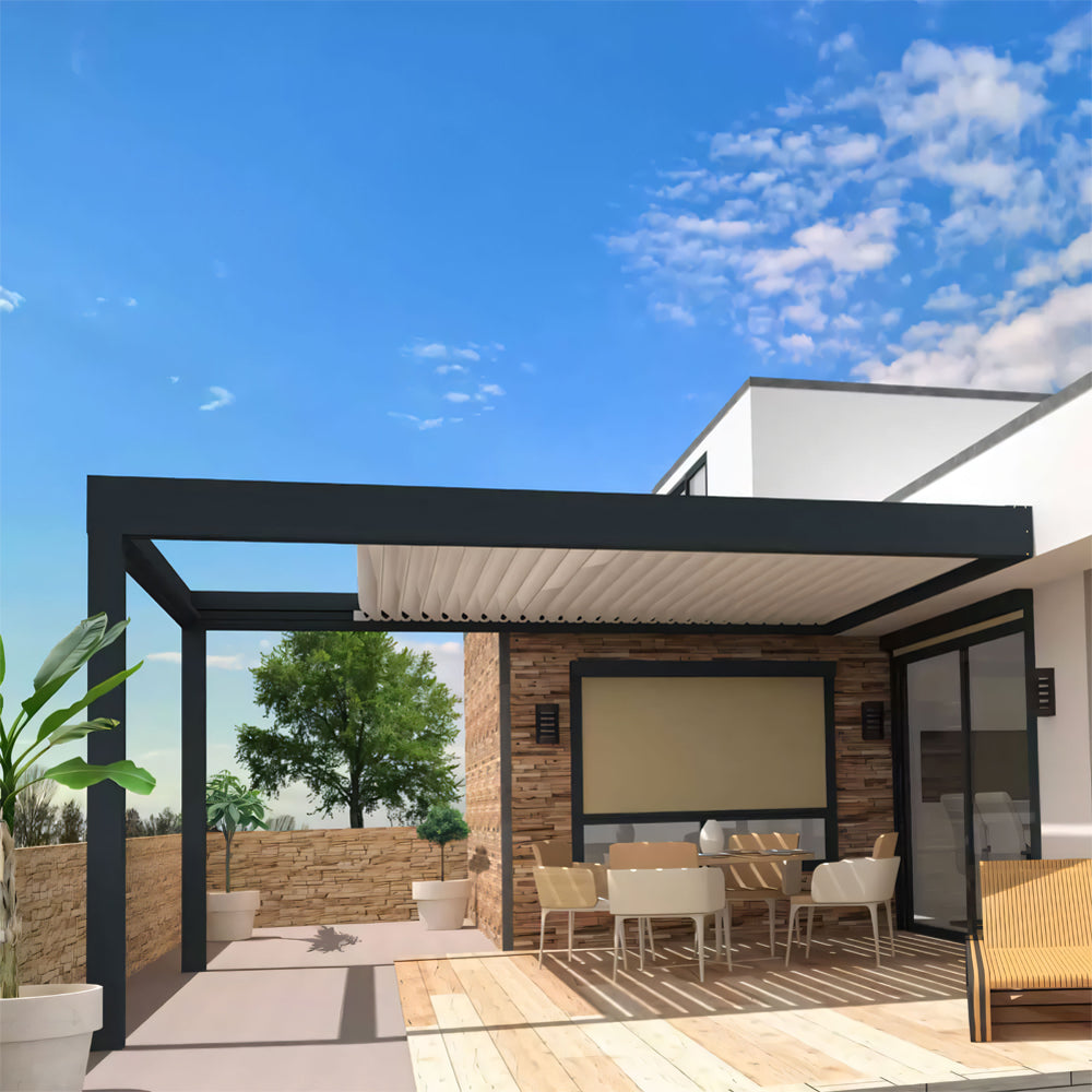 [Motorized Retractable] Patio Backyard Automatic Outdoor Kitchen Aluminum Louvered Pergola With LED