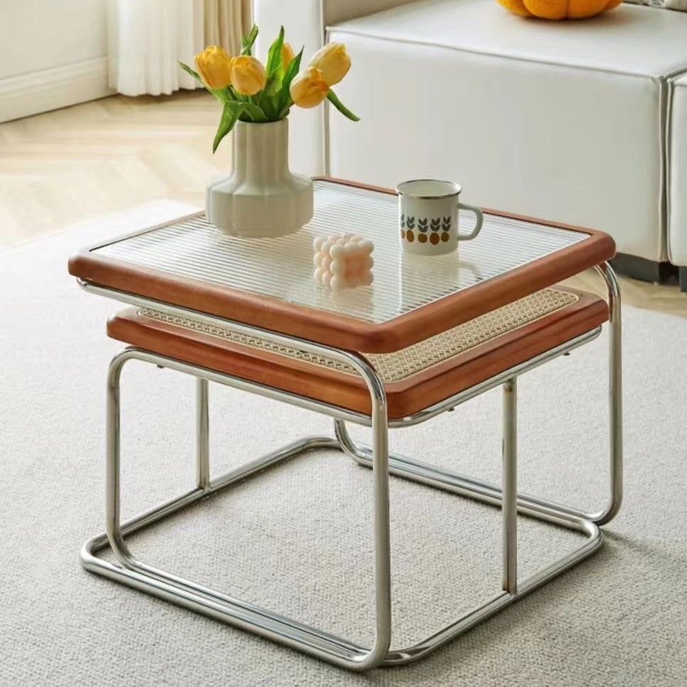 Rattan Wood Glass Metal Coffee Side End Table