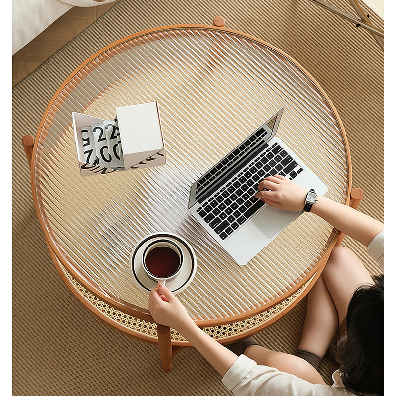 Rattan Wood Glass Coffee Side End Table