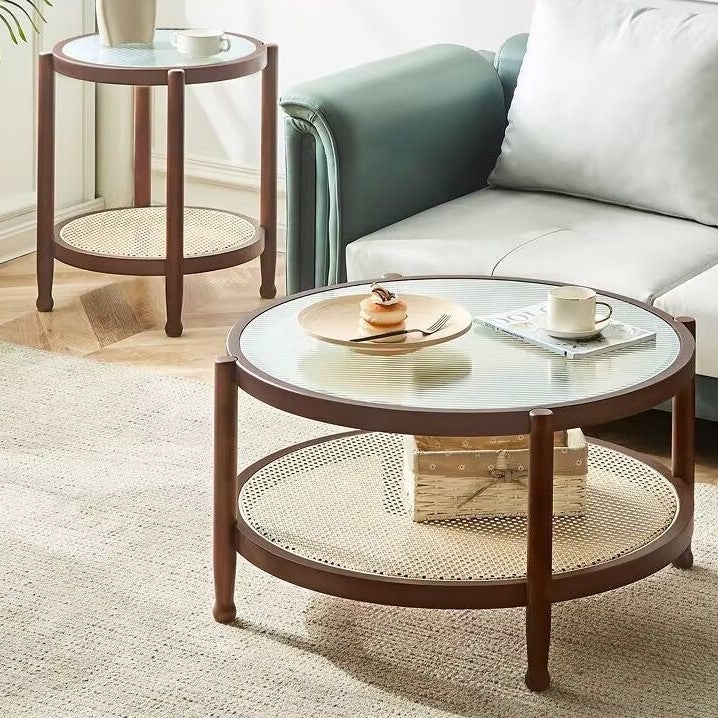 Rattan Wood Glass Coffee Side End Table